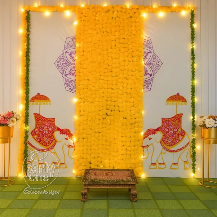 festival decorations Yellow Flower Backdrop Ganesha Puja Decoration