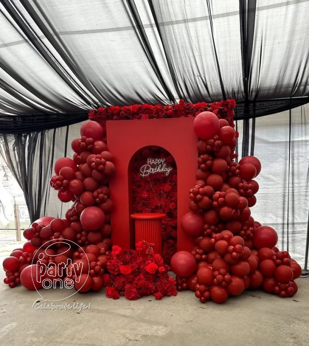birthday Red Theme Flower and Balloon Decoration