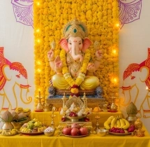 festival decorations Yellow Flower Backdrop Ganesha Puja Decoration