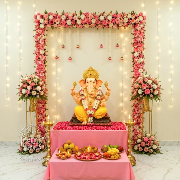 festival decorations Ganesha Puja Decoration with Pink & White Theme