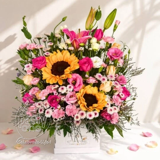 surprises Sunflower and Pink Flower Box Bouquet