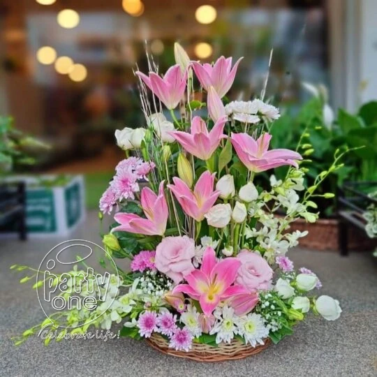 surprises Pretty Pink Lily and Rose Flower Basket