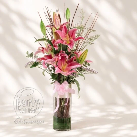 surprises Lovely Pink Lily Bunch Glass Vase Bouquet