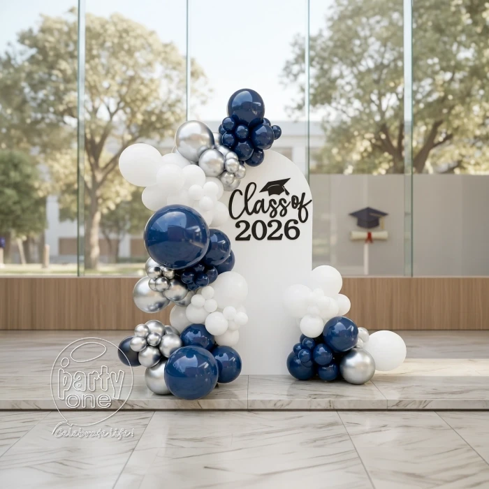 decorations Navy Blue and Silver Graduation Balloon Backdrop