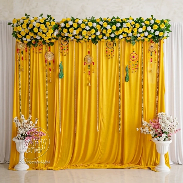 decorations Simple Yellow Floral Curtain Haldi Backdrop
