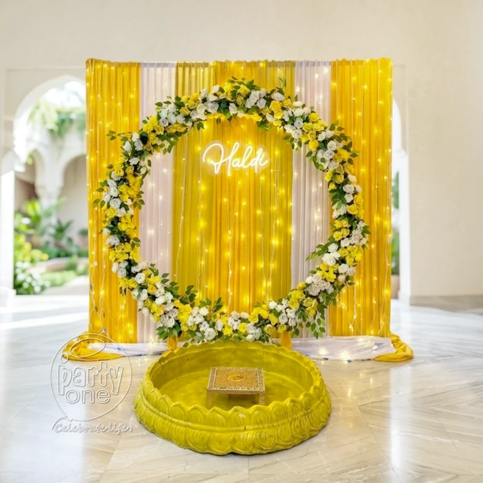 decorations Premium Floral Ring Haldi Backdrop With Lights