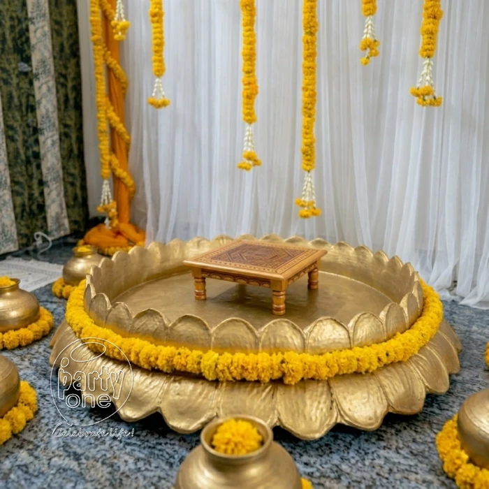 decorations Classic Marigold Haldi Stage With Brass Pots