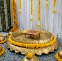 decorations Classic Marigold Haldi Stage With Brass Pots
