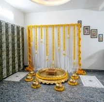 decorations Classic Marigold Haldi Stage With Brass Pots