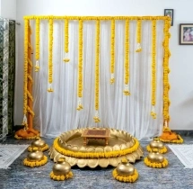 decorations Classic Marigold Haldi Stage With Brass Pots