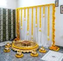 decorations Classic Marigold Haldi Stage With Brass Pots