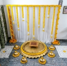 decorations Classic Marigold Haldi Stage With Brass Pots