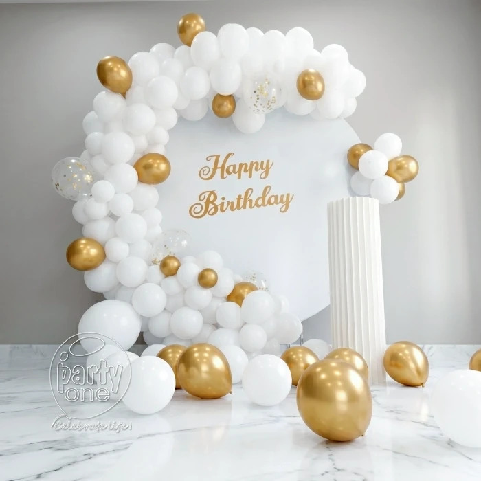 birthday Gold and White Birthday Balloon Decor