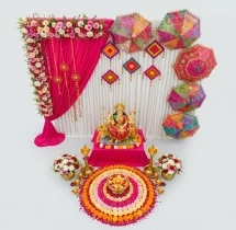 festival decorations Navratri Floral Decoration with Pink Backdrop