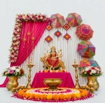 festival decorations Navratri Floral Decoration with Pink Backdrop